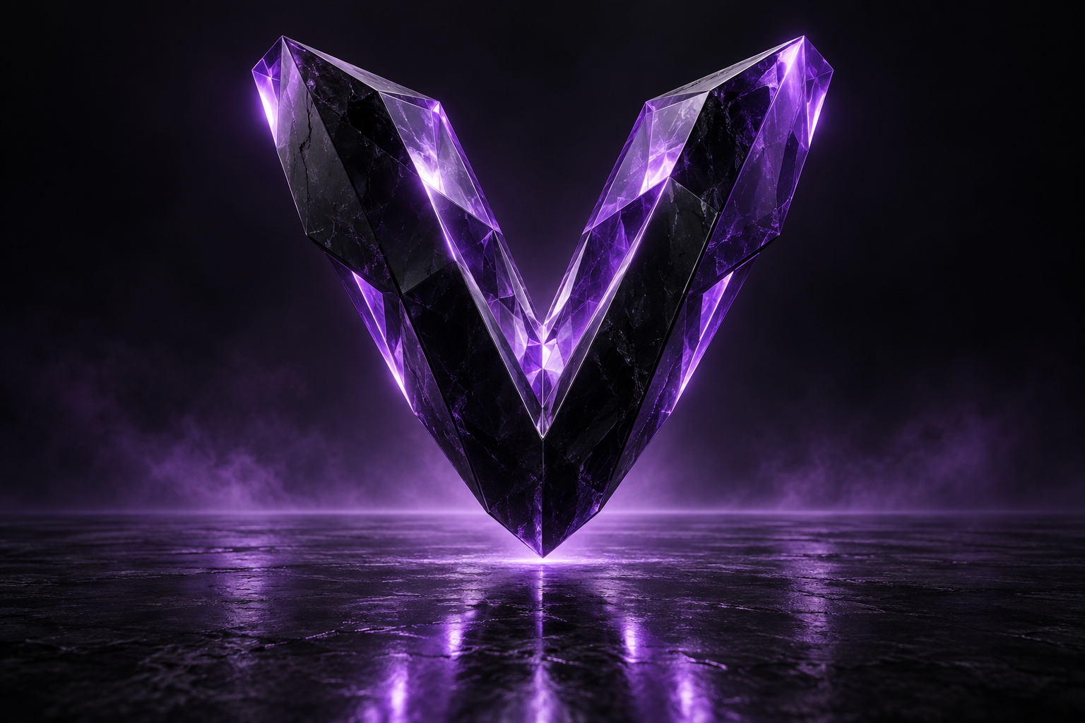 Sculptural violet glass V suspended in a dark studio